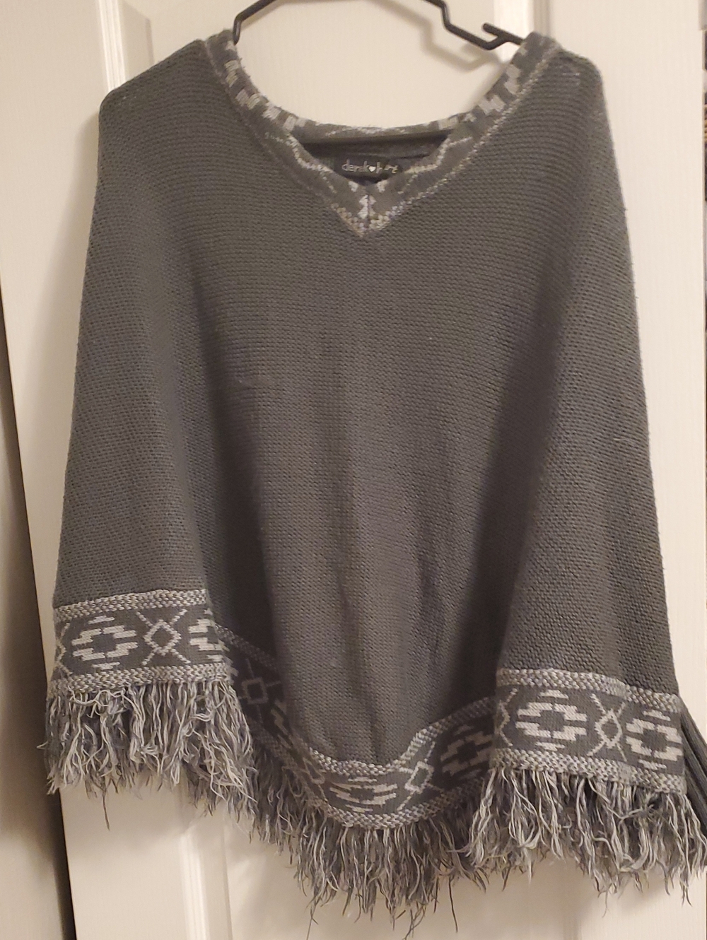 Gray Fringe Hem V-Neck Women's Sweater Poncho